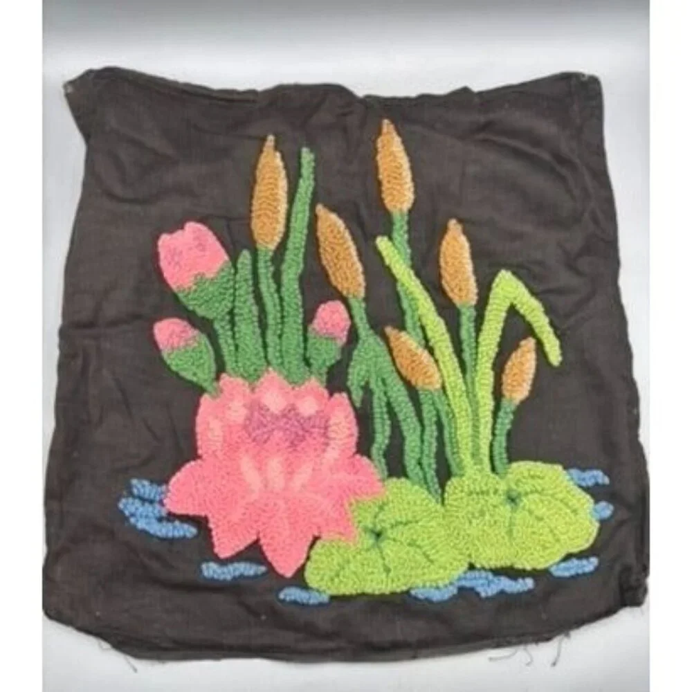 Vtg 2 Pc Handmade Punched Black Pillow Covers Colorful Floral